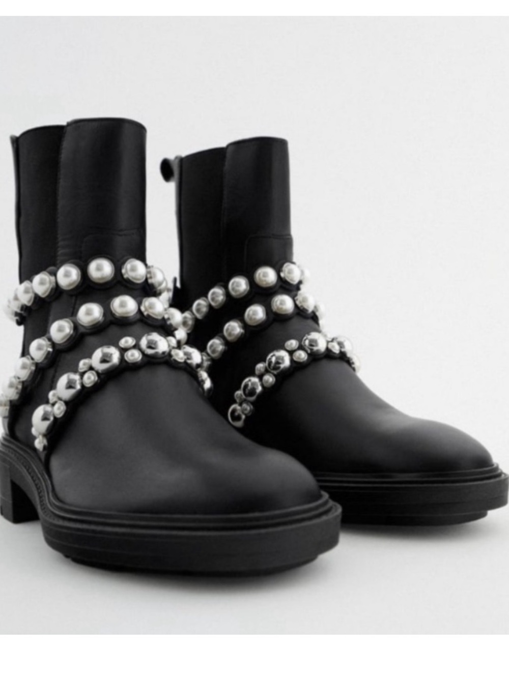 Zara Black Ankle Boots with Silver Pearl & Stud Straps